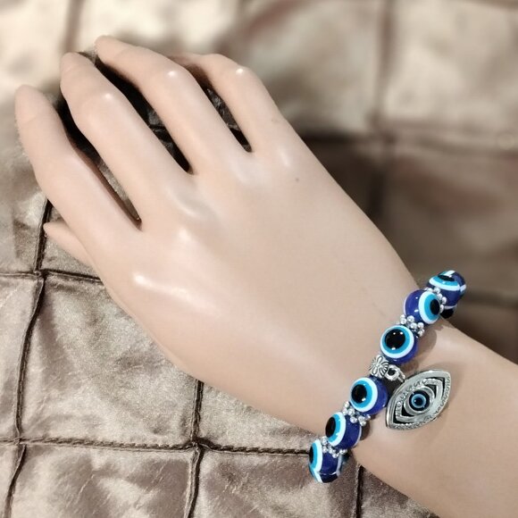 Evil Eye Blue Beaded Charm Bracelet for Protection and Blessing Stretchable Luck - Picture 10 of 16